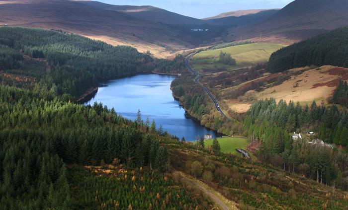 A view of the reservoir and valley from Garwnant cabins.